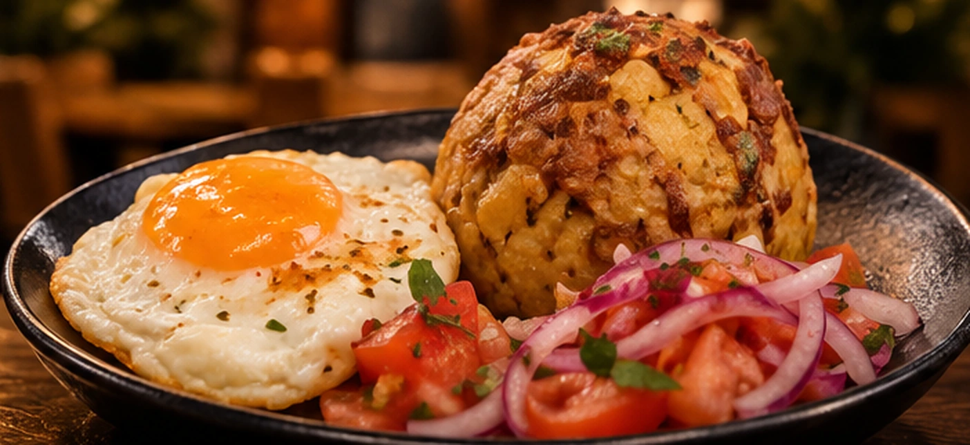 Bolón de verde con huevo frito y ensalada de agrio