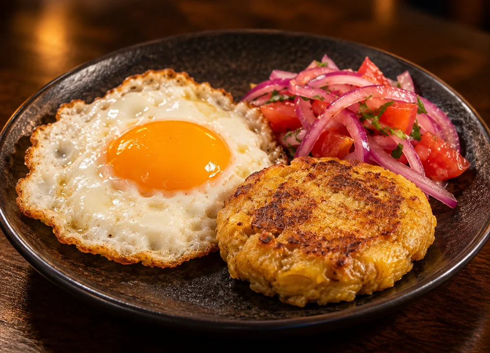 Tortilla de verde pequeña con un huevo frito, imagen de presentación